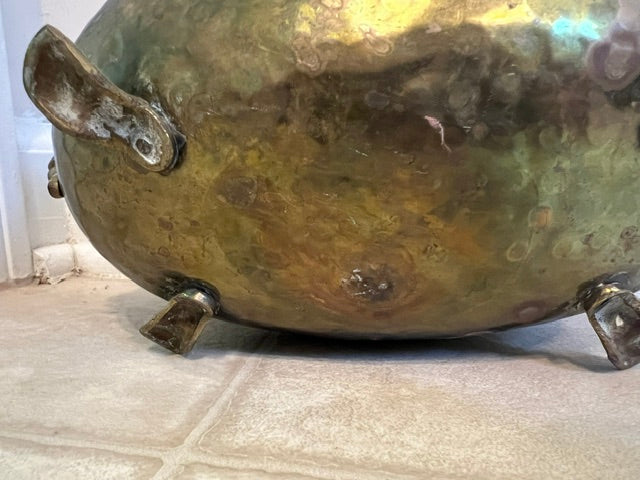 Antique Brass Oval Jardinière Planter with Lion Head Handles & Claw Feet