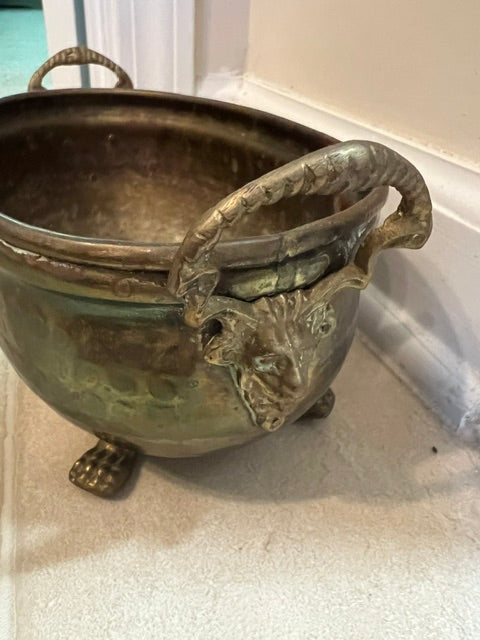 Antique Brass Oval Jardinière Planter with Lion Head Handles & Claw Feet