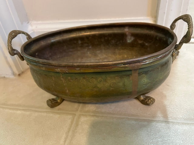 Antique Brass Oval Jardinière Planter with Lion Head Handles & Claw Feet