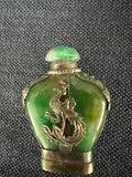 Antique Chinese Qing Dynasty Green Jade & Silver Dragon Snuff Bottle