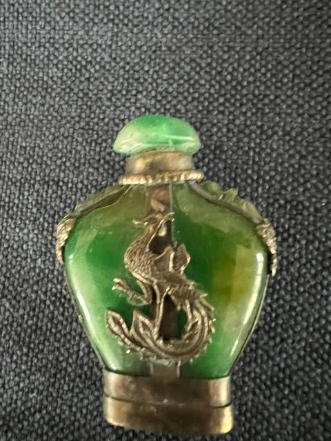 Antique Chinese Qing Dynasty Green Jade & Silver Dragon Snuff Bottle