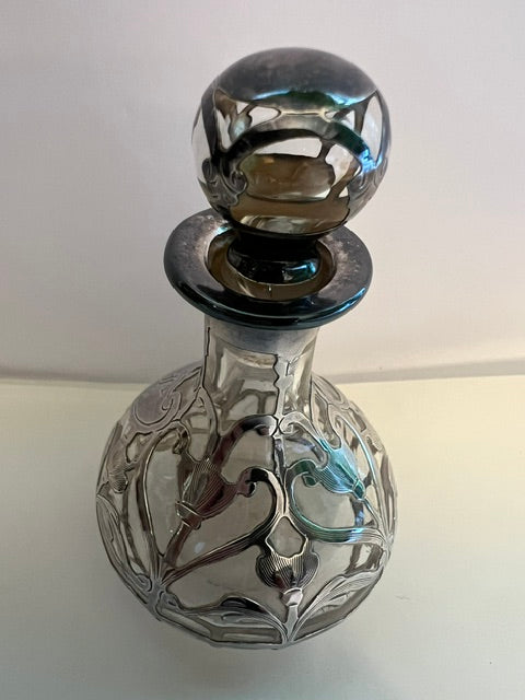 Antique Art Nouveau Sterling Silver Overlay Glass Perfume Bottle, Circa 1900
