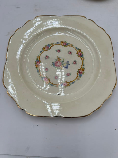 Antique Carrollton China 8.25" Square Plate with Rose Floral Design & Gold Trim