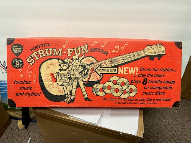 1959 Mattel Strum-Fun Getar Toy Guitar - Complete in Box with 8 Music Discs