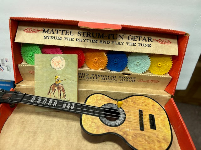 1959 Mattel Strum-Fun Getar Toy Guitar - Complete in Box with 8 Music Discs