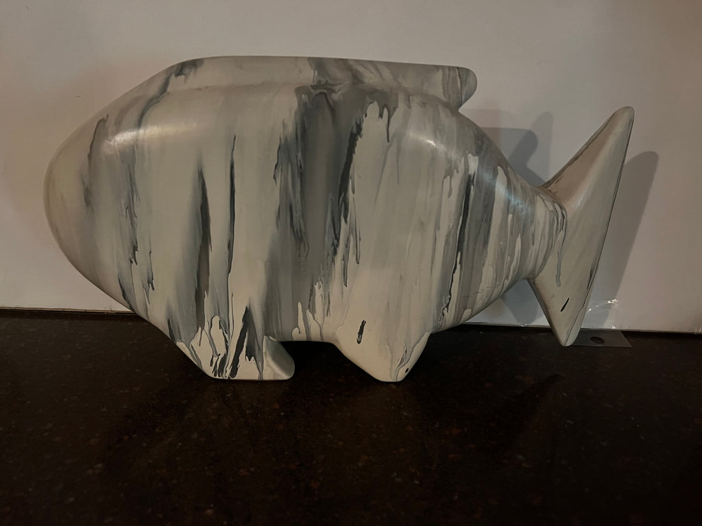 Artist Signed 1989 Carved Wood Fish Sculpture - White & Gray Marbleized Finish