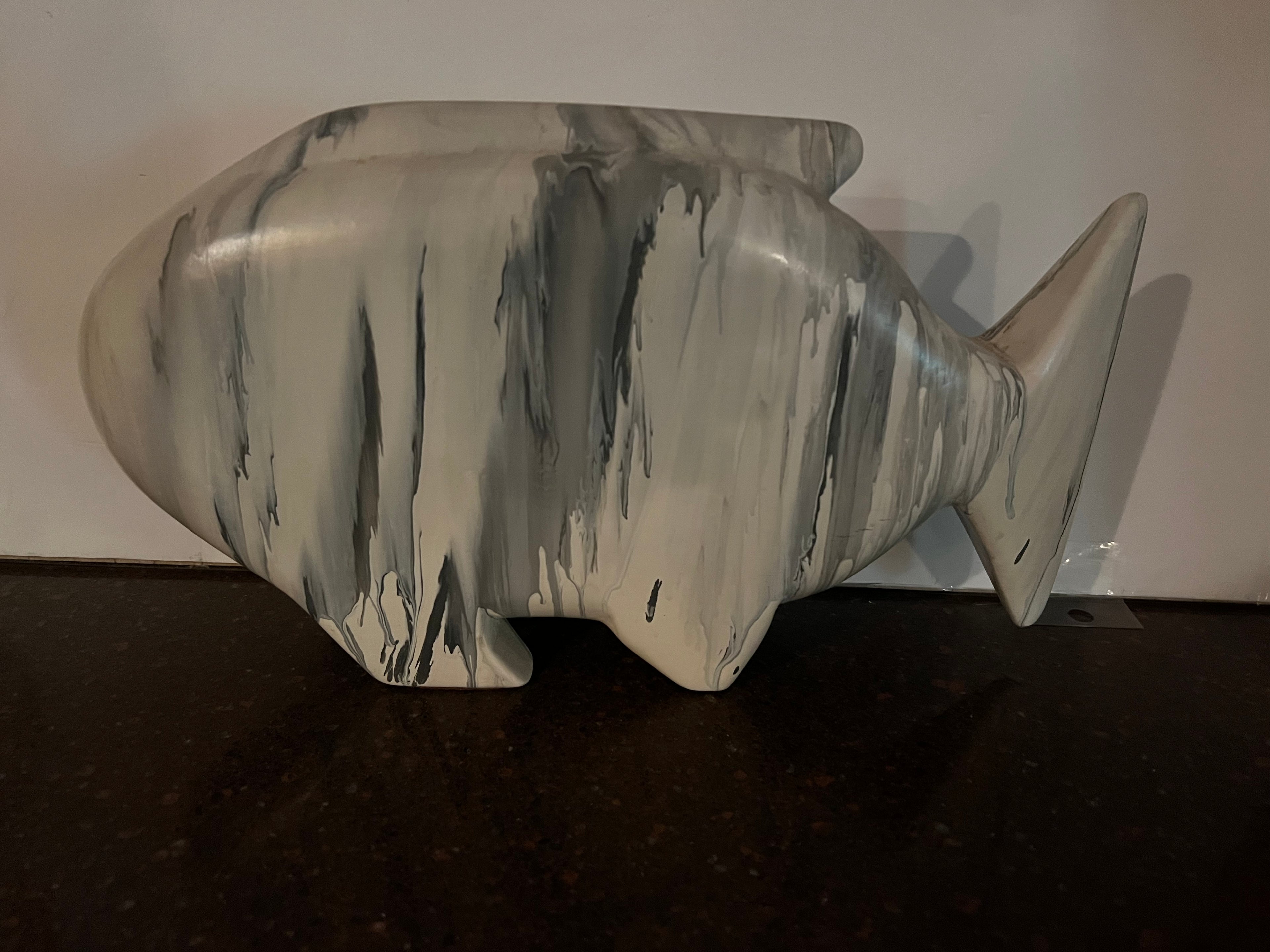 Artist Signed 1989 Carved Wood Fish Sculpture - White & Gray Marbleized Finish