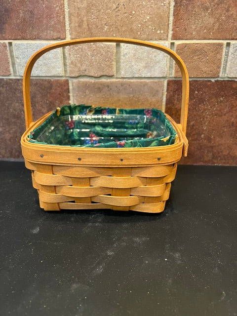 Longaberger Handwoven Berry Basket with Swivel Handle, Green Fabric Liner & Plastic Protector