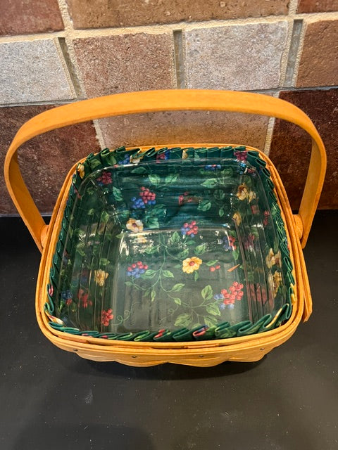 Longaberger Handwoven Berry Basket with Swivel Handle, Green Fabric Liner & Plastic Protector