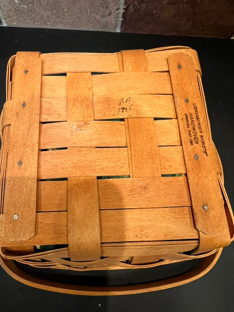 Longaberger Handwoven Berry Basket with Swivel Handle, Green Fabric Liner & Plastic Protector