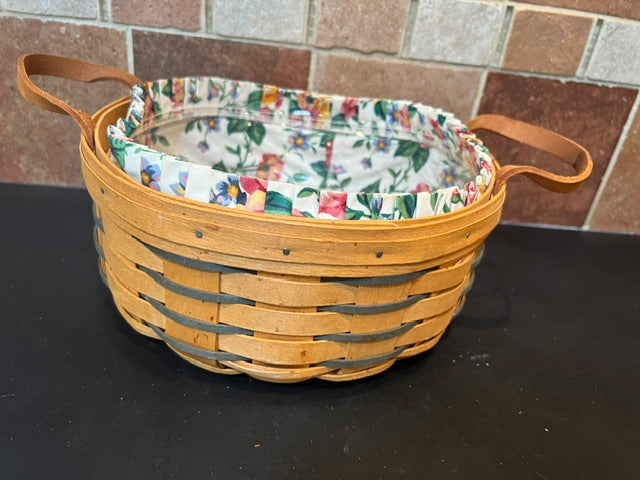 Longaberger 1996 Darning Basket with Garden Splendor Fabric Liner & Plastic Protector