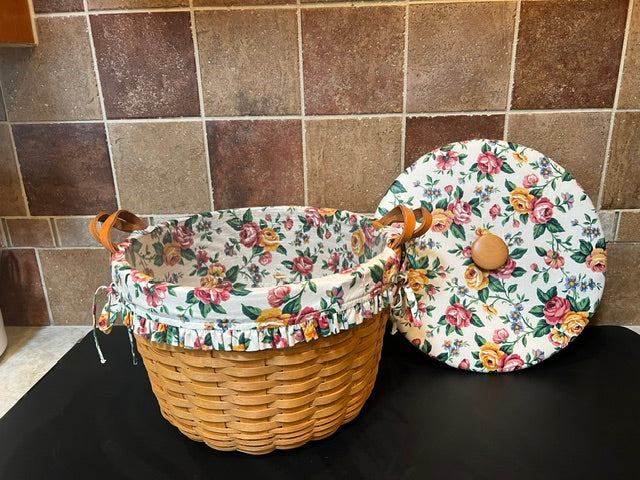 Longaberger 1996 Large Corn Basket with Garden Splendor Fabric Liner & Lid