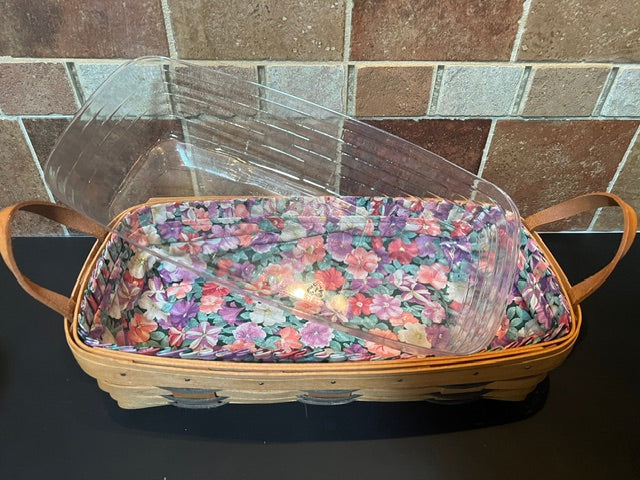 1995 Longaberger Premier Bread Basket with Wooden Lid, Fabric & Plastic Liners