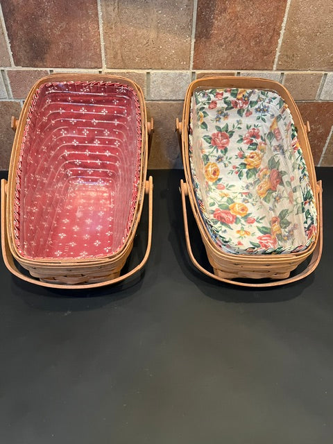 Longaberger Medium Vegetable Baskets - Set of 2 (1989, Signed) with Fabric & Plastic Liners