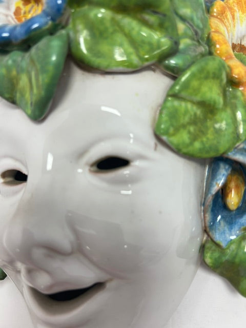 Vintage 1980s Italian Hand-Painted Ceramic Bacchus Wall Mask - Spring, Florence Italy