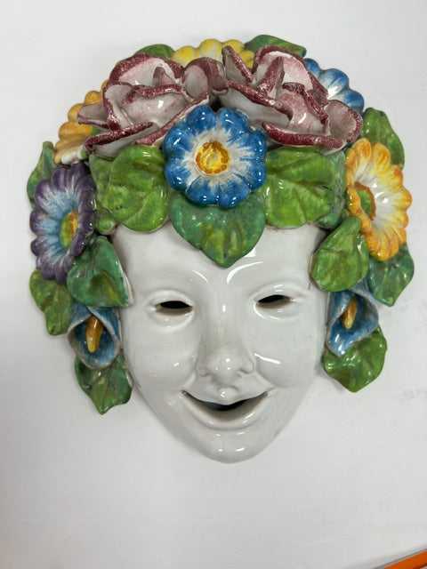 Vintage 1980s Italian Hand-Painted Ceramic Bacchus Wall Mask - Spring, Florence Italy