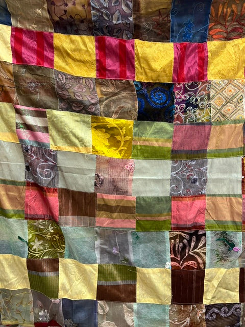Vintage 1990s Indian Silk Sari Patchwork Kantha Tapestry Quilt - 43" x 192"