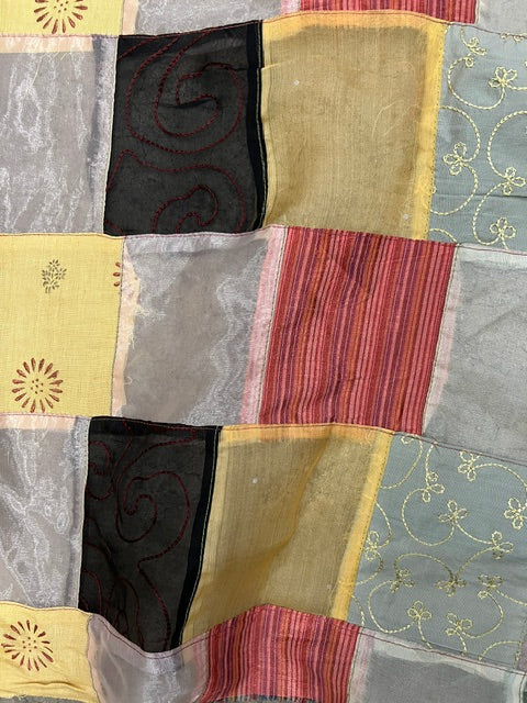 Vintage 1990s Indian Silk-Poly Patchwork Sheer Tapestry / Sari Cloth Table Runner - 43" x 256"