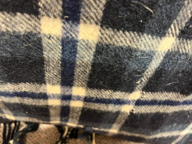 Vintage Wool Navy & Cream Plaid Fringed Blanket - 72" x 52"