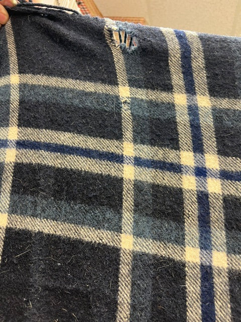 Vintage Wool Navy & Cream Plaid Fringed Blanket - 72" x 52"