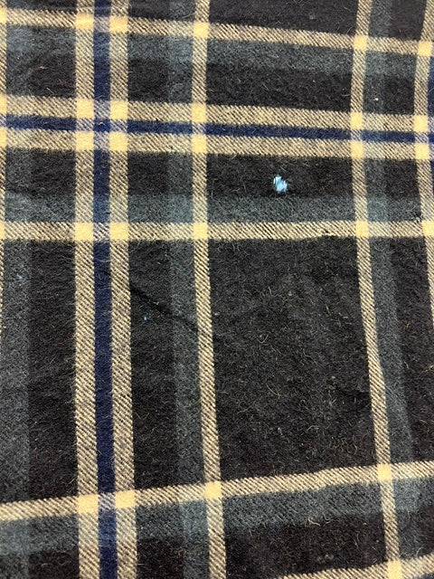 Vintage Wool Navy & Cream Plaid Fringed Blanket - 72" x 52"