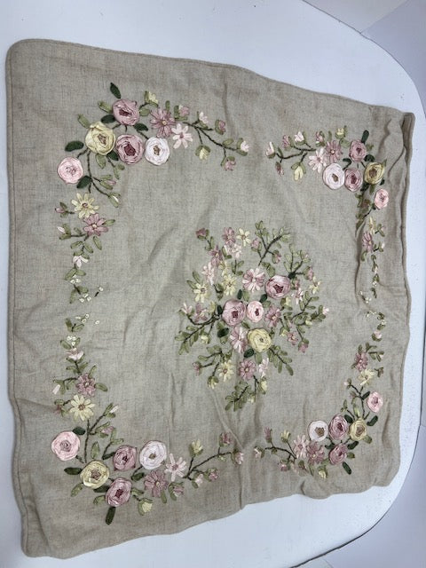 Vintage Linen Floral Ribbon Embroidered Pillow Case 17" x 17"