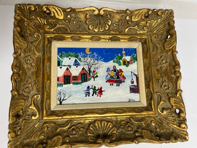 Eszter Gyory Original Oil Painting - Rare Early Folk Art Snow Scene, Signed & Framed