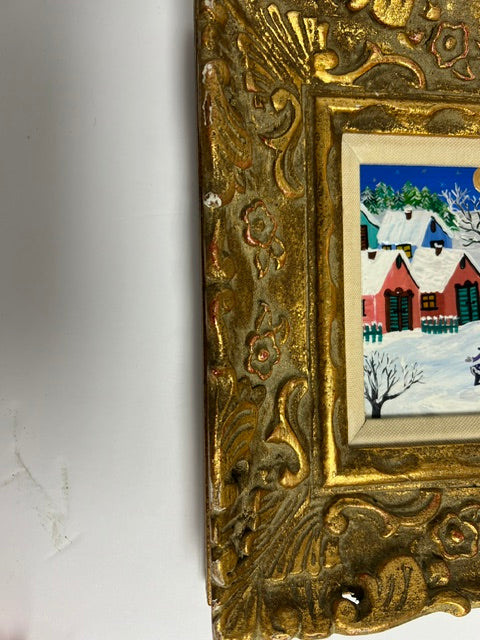 Eszter Gyory Original Oil Painting - Rare Early Folk Art Snow Scene, Signed & Framed