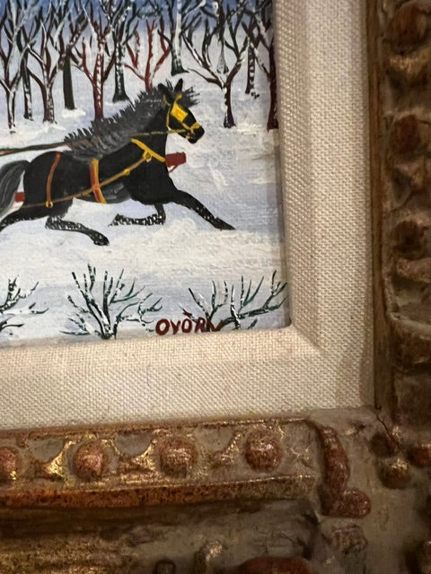 Rare Eszter Gyory Original Oil Painting - Early Folk Art Winter Snow Scene, Signed & Framed