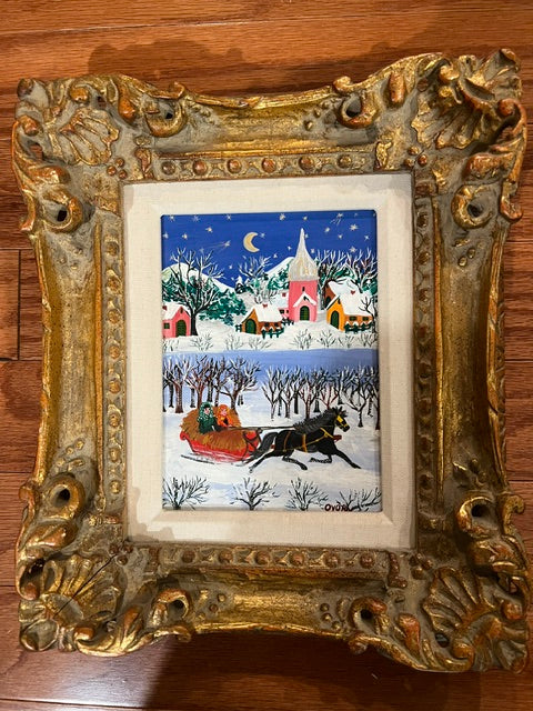 Rare Eszter Gyory Original Oil Painting - Early Folk Art Winter Snow Scene, Signed & Framed
