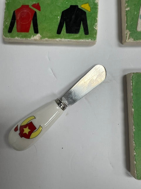 Ultimate Derby Party Set - 8 Studio Vertu Jockey Silks Stone Coasters, Caspari Napkins & Knife Spreader