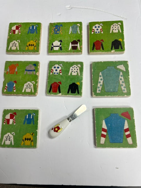 Ultimate Derby Party Set - 8 Studio Vertu Jockey Silks Stone Coasters, Caspari Napkins & Knife Spreader