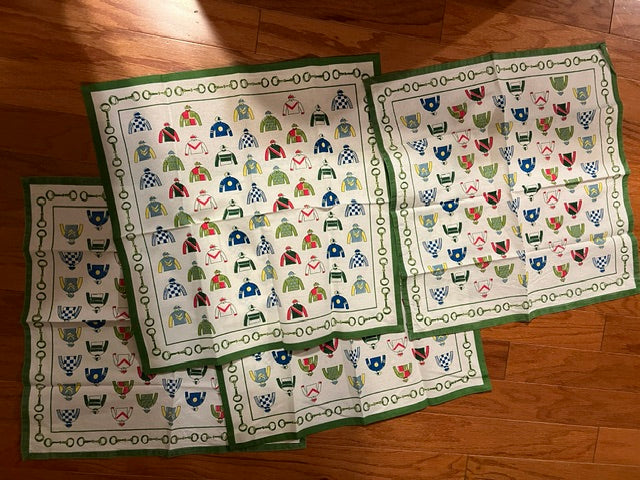 Vintage Kentucky Derby Textile Set - 7 pcs Pomegranate Cotton Placemats & Embroidered Fringe Towel