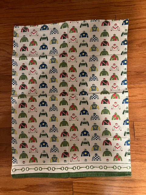 Vintage Kentucky Derby Textile Set - 7 pcs Pomegranate Cotton Placemats & Embroidered Fringe Towel