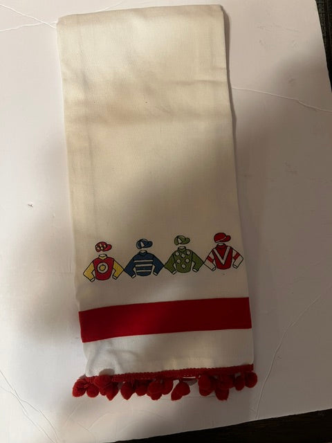 Vintage Kentucky Derby Textile Set - 7 pcs Pomegranate Cotton Placemats & Embroidered Fringe Towel