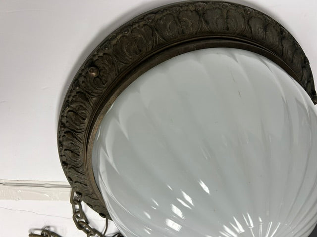 Rare 1920s Arts & Crafts Bronze Hanging Lamp with Inverted Milk Glass Dome Shade