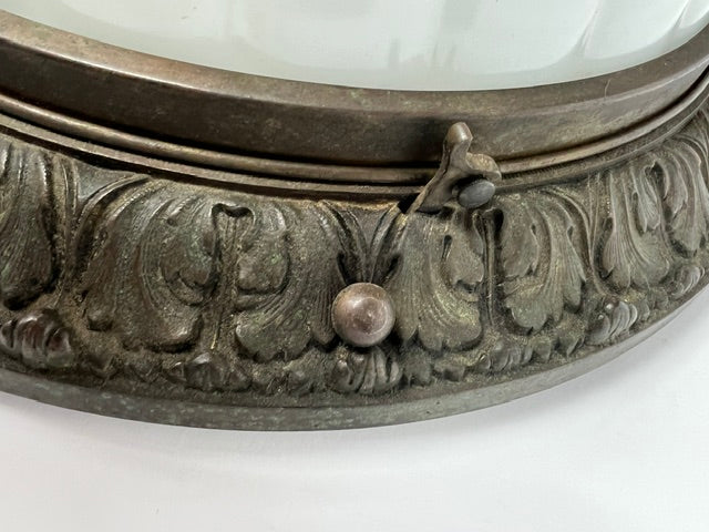 Rare 1920s Arts & Crafts Bronze Hanging Lamp with Inverted Milk Glass Dome Shade