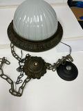 Rare 1920s Arts & Crafts Bronze Hanging Lamp with Inverted Milk Glass Dome Shade