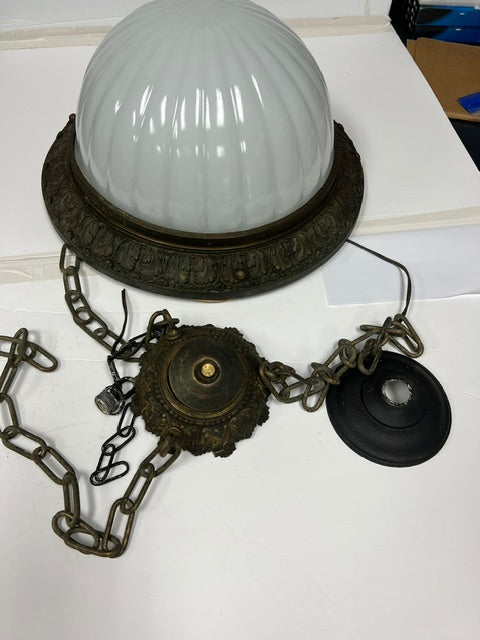 Rare 1920s Arts & Crafts Bronze Hanging Lamp with Inverted Milk Glass Dome Shade