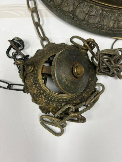 Rare 1920s Arts & Crafts Bronze Hanging Lamp with Inverted Milk Glass Dome Shade