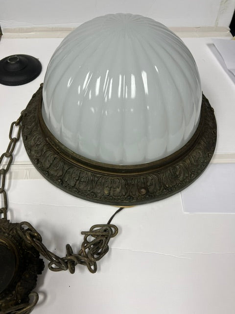 Rare 1920s Arts & Crafts Bronze Hanging Lamp with Inverted Milk Glass Dome Shade