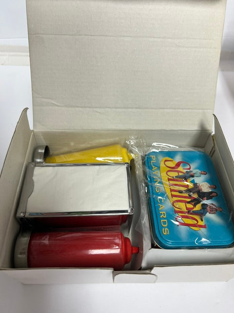Vintage 2004 Seinfeld Monk's Diner Ceramic Salt & Pepper Shaker Set with Napkin Holder & Playing Cards - Mint in Box