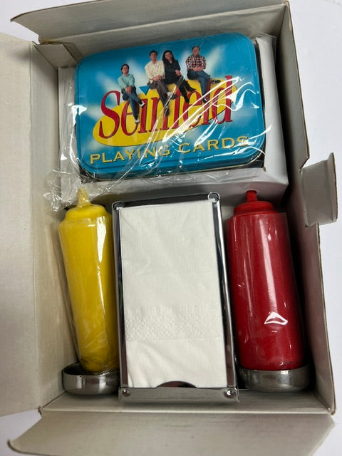 Vintage 2004 Seinfeld Monk's Diner Ceramic Salt & Pepper Shaker Set with Napkin Holder & Playing Cards - Mint in Box