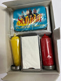 Vintage 2004 Seinfeld Monk's Diner Ceramic Salt & Pepper Shaker Set with Napkin Holder & Playing Cards - Mint in Box