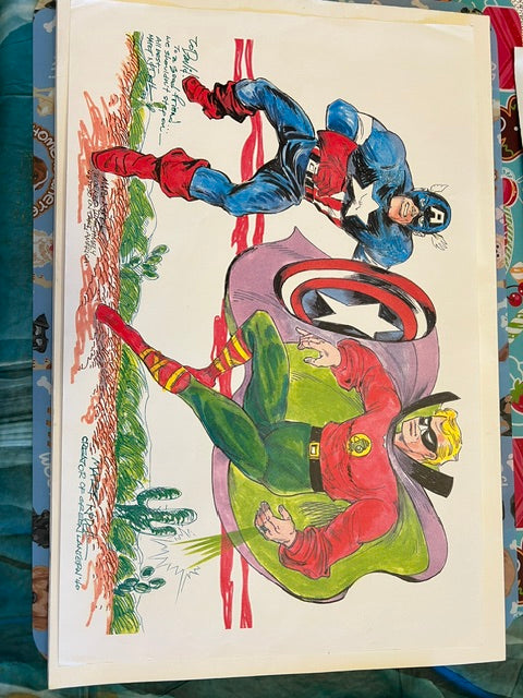 Vintage Green Lantern & Captain America Print Signed by Creator Mart Nodell (1999)