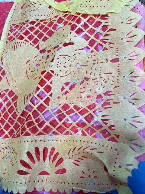Vintage Mexican Papel Picado Paper Banner - 10 Flags, Day of the Dead / Jaripeo