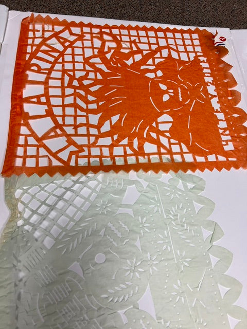 Vintage Mexican Papel Picado Paper Banner - 10 Flags, Day of the Dead / Jaripeo
