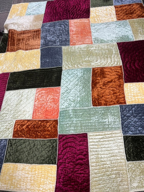 Vintage Handmade Indian Velvet Patchwork Quilt / Blanket 88" x 70.5"