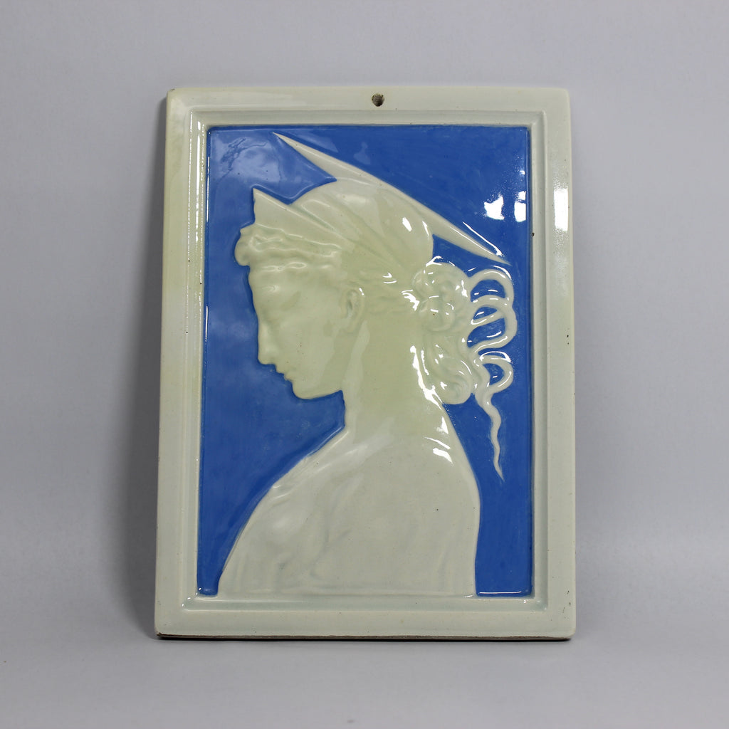 Blue Art Nouveau Tile Profile of Female St. Cecilia Singer (1936)