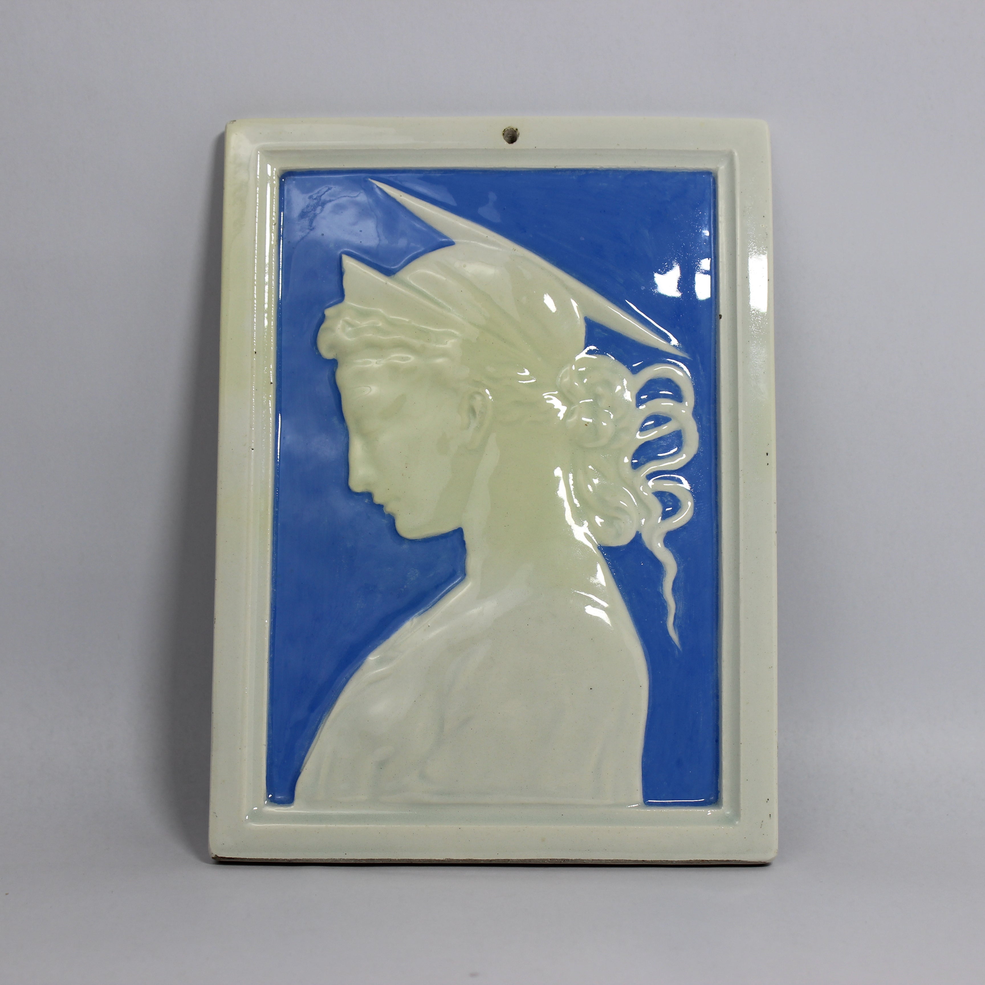 Blue Art Nouveau Tile Profile of Female St. Cecilia Singer (1936)